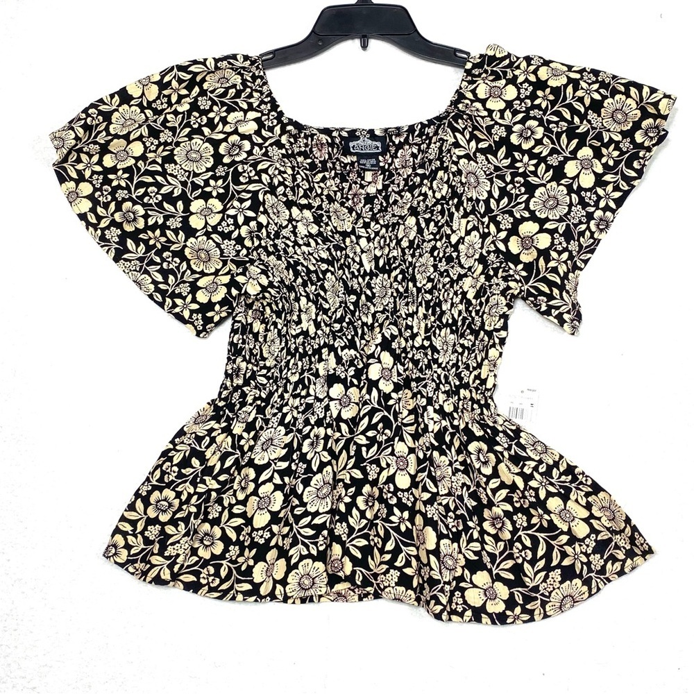 Angie Smocked Boho Top Womens M Floral Peasant Short Flutter Sleeve V Neck NWT